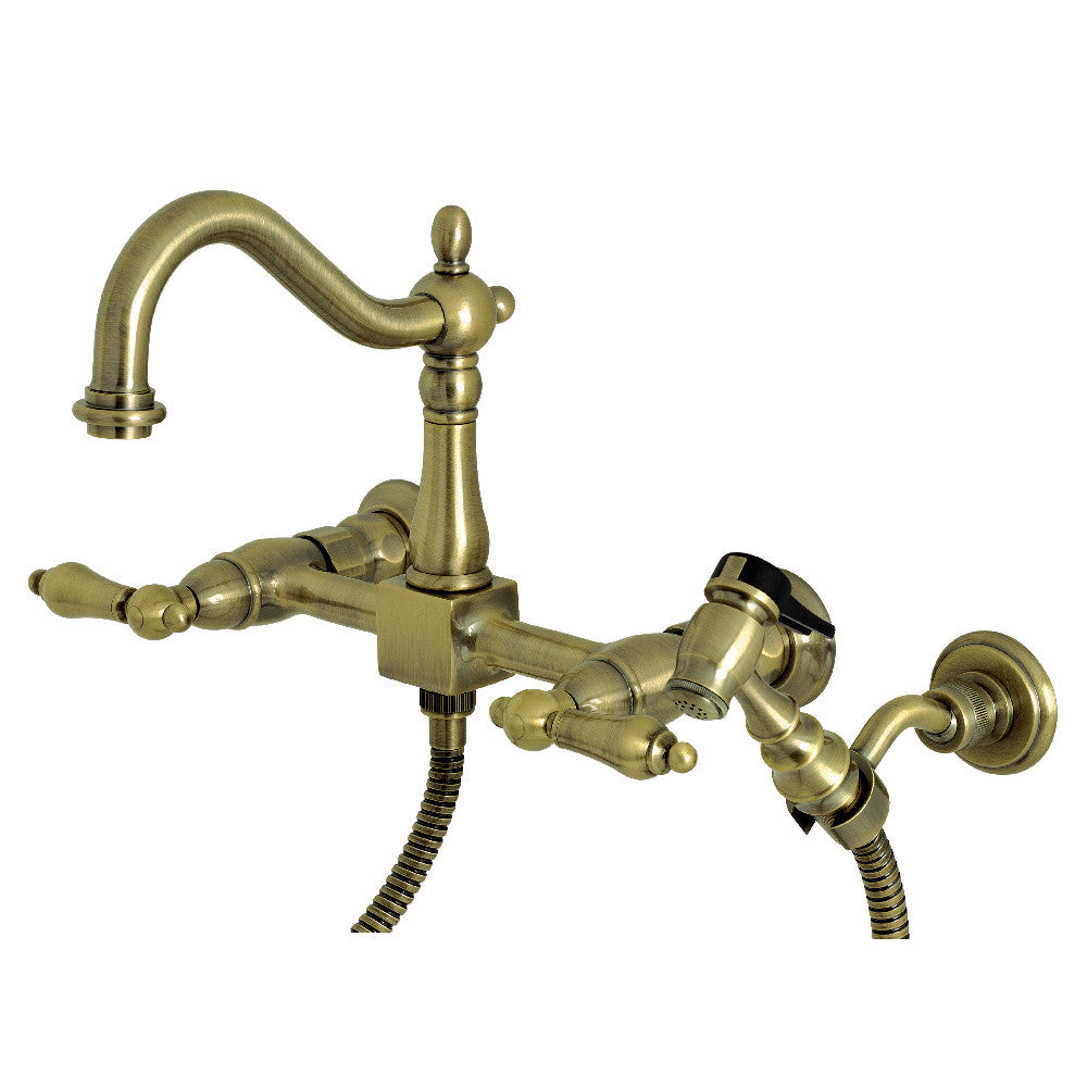Kingston Brass KS1260ALBS Heritage Wall Mount Bridge Kitchen Faucet with Brass Sprayer