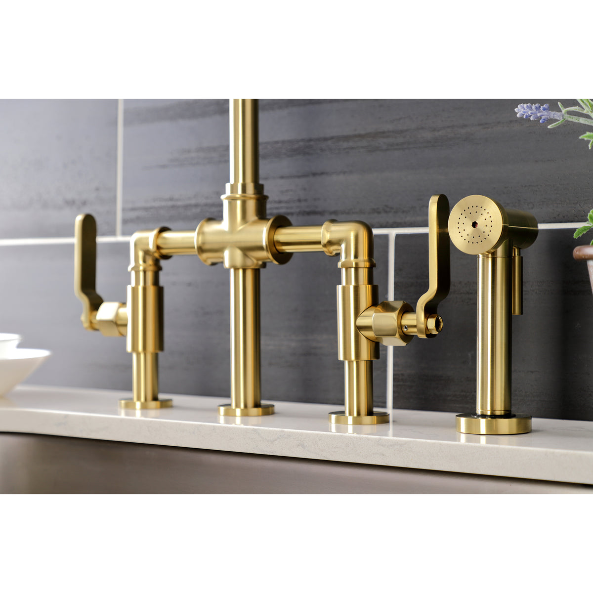 Kingston Brass KS2330KL Whitaker Industrial Style Bridge Kitchen Faucet with Brass Sprayer