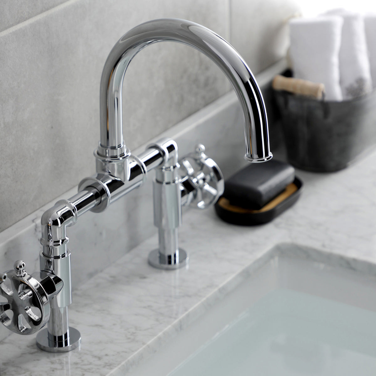 Kingston Brass KS217RXVN Belknap Industrial Style Wheel Handle Bridge Bathroom Faucet with Pop-Up Drain