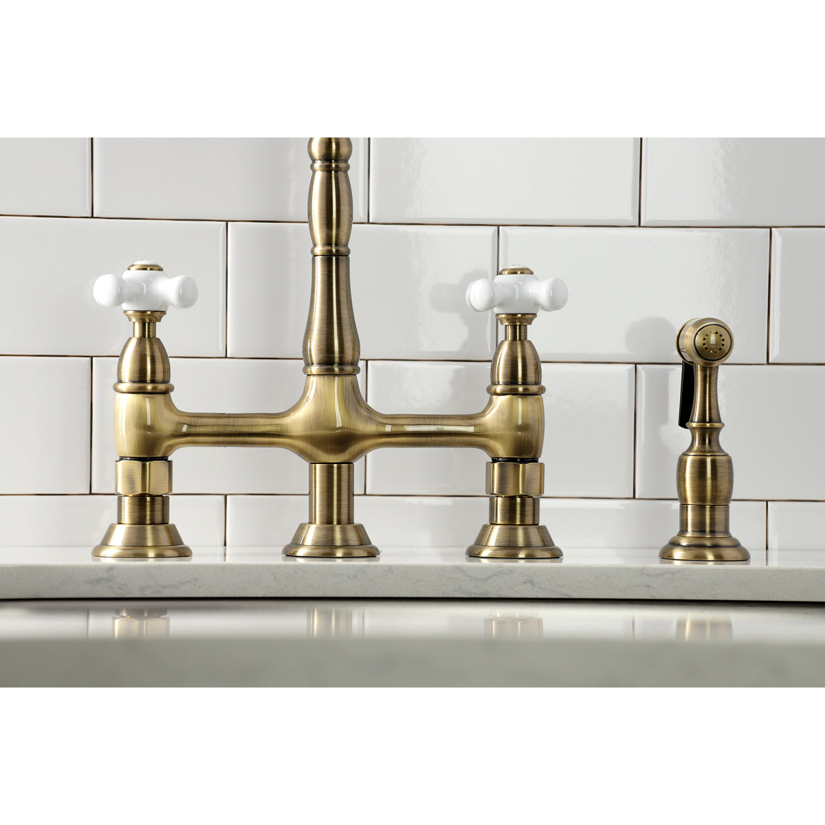Kingston Brass KS1273PXBS Heritage Bridge Kitchen Faucet with Brass Sprayer