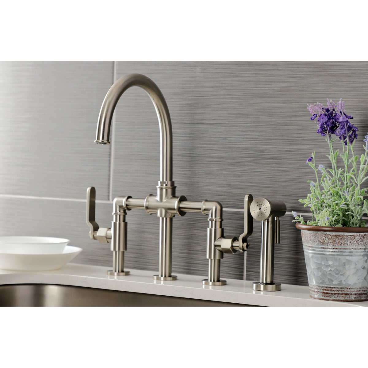 Kingston Brass KS2330KL Whitaker Industrial Style Bridge Kitchen Faucet with Brass Sprayer