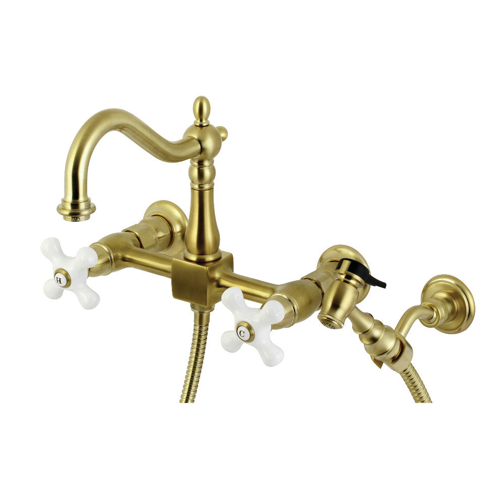 Kingston Brass KS1261PXBS Heritage Wall Mount Bridge Kitchen Faucet with Brass Sprayer