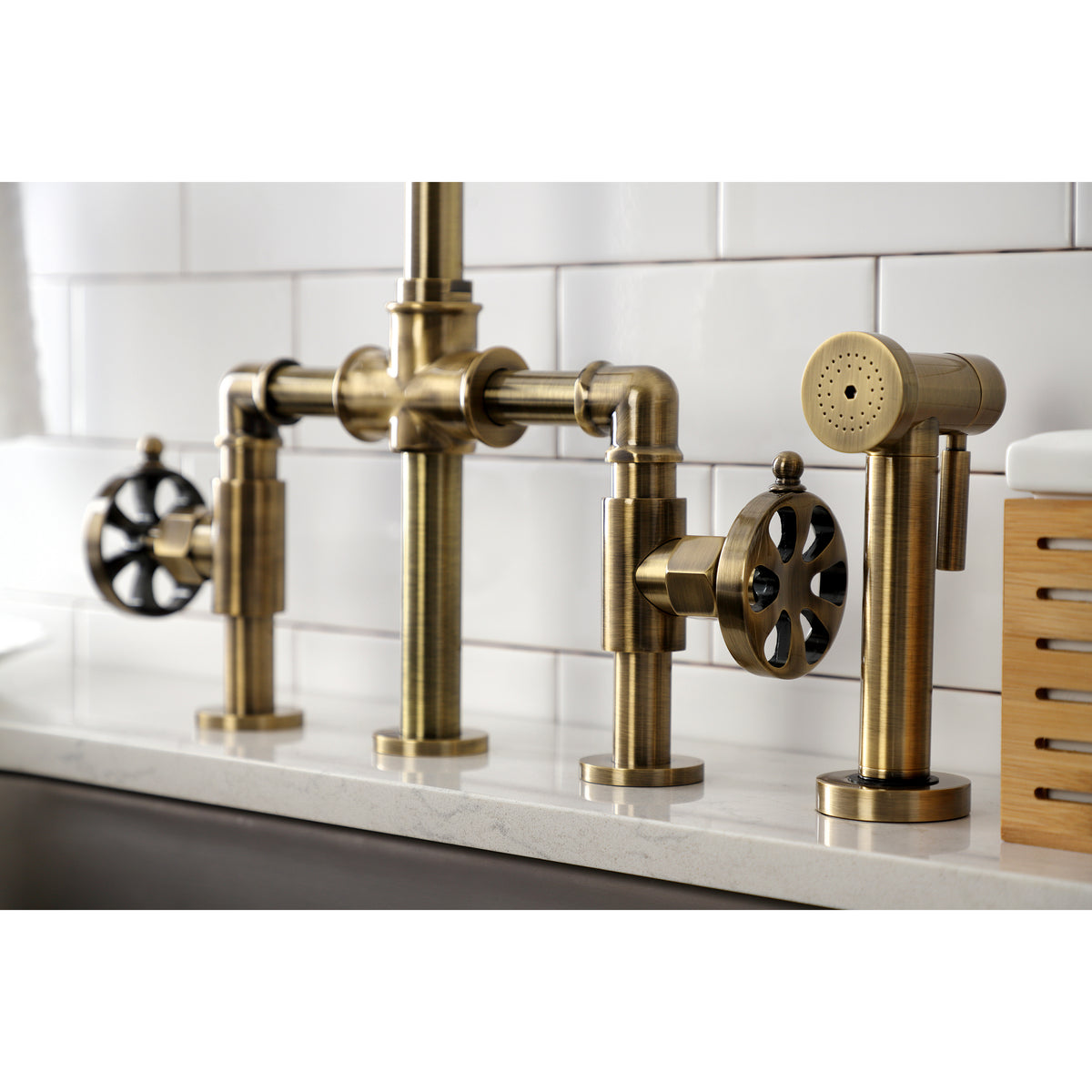 Kingston Brass KS2330RX Belknap Industrial Style Bridge Kitchen Faucet with Brass Sprayer