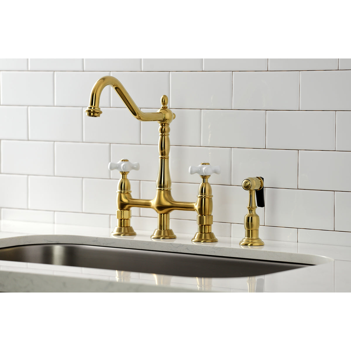 Kingston Brass KS1273PXBS Heritage Bridge Kitchen Faucet with Brass Sprayer