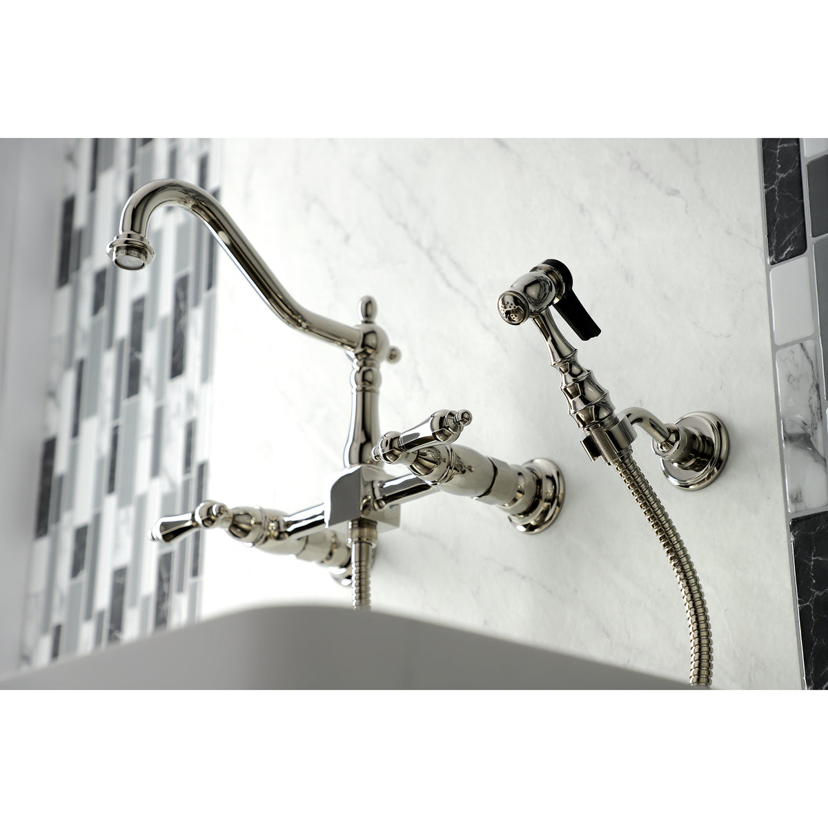 Kingston Brass KS1246ALBS Heritage Wall Mount Bridge Kitchen Faucet with Brass Spray