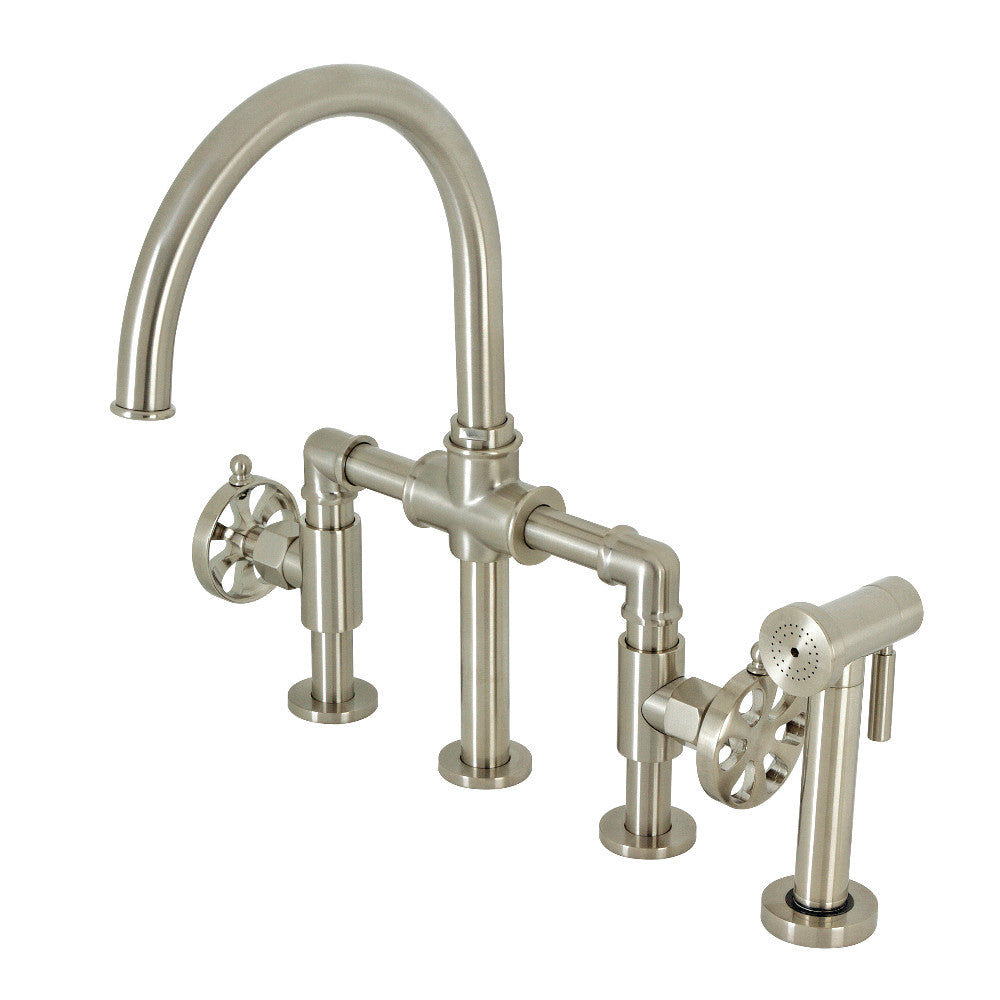 Kingston Brass KS2330RX Belknap Industrial Style Bridge Kitchen Faucet with Brass Sprayer