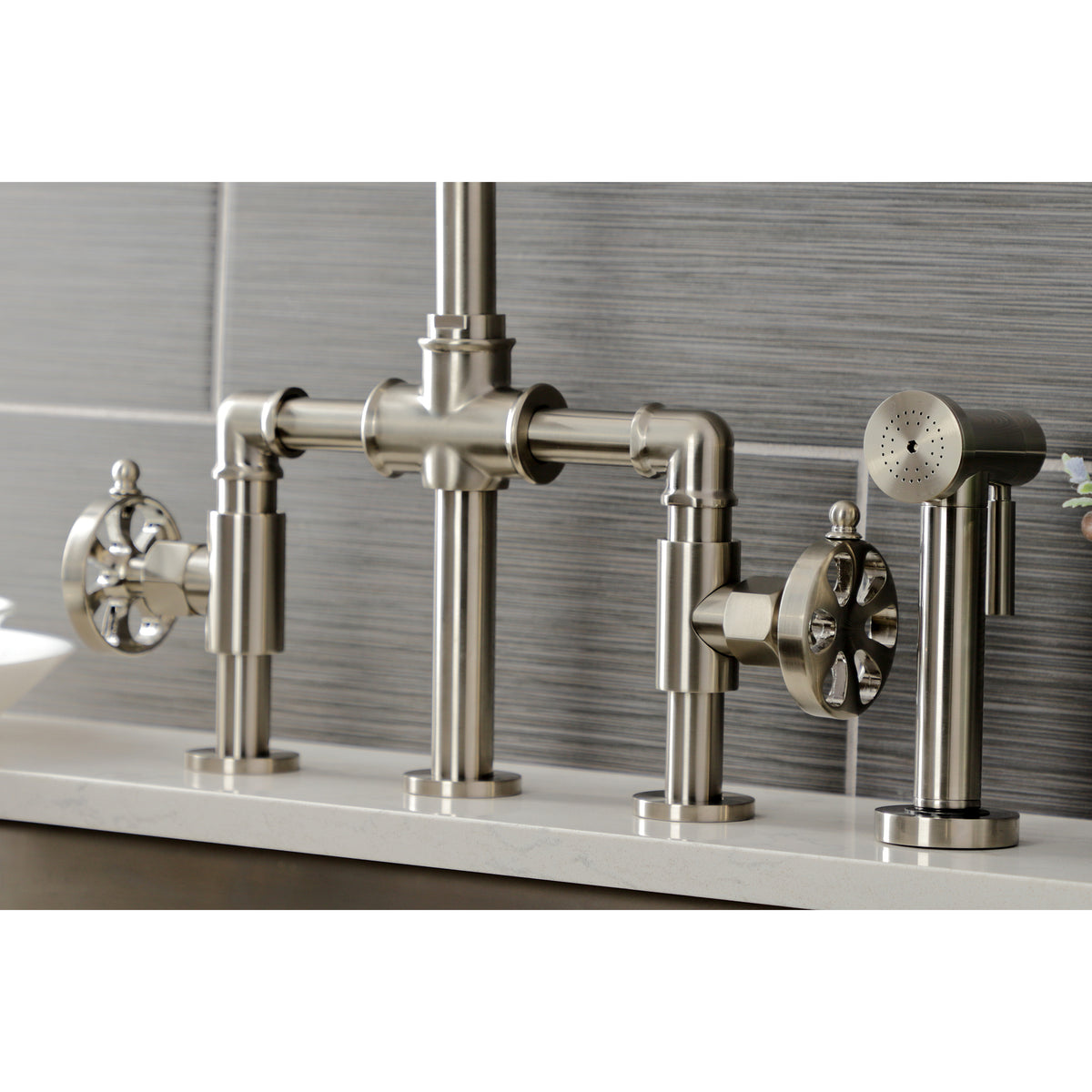 Kingston Brass KS2330RX Belknap Industrial Style Bridge Kitchen Faucet with Brass Sprayer