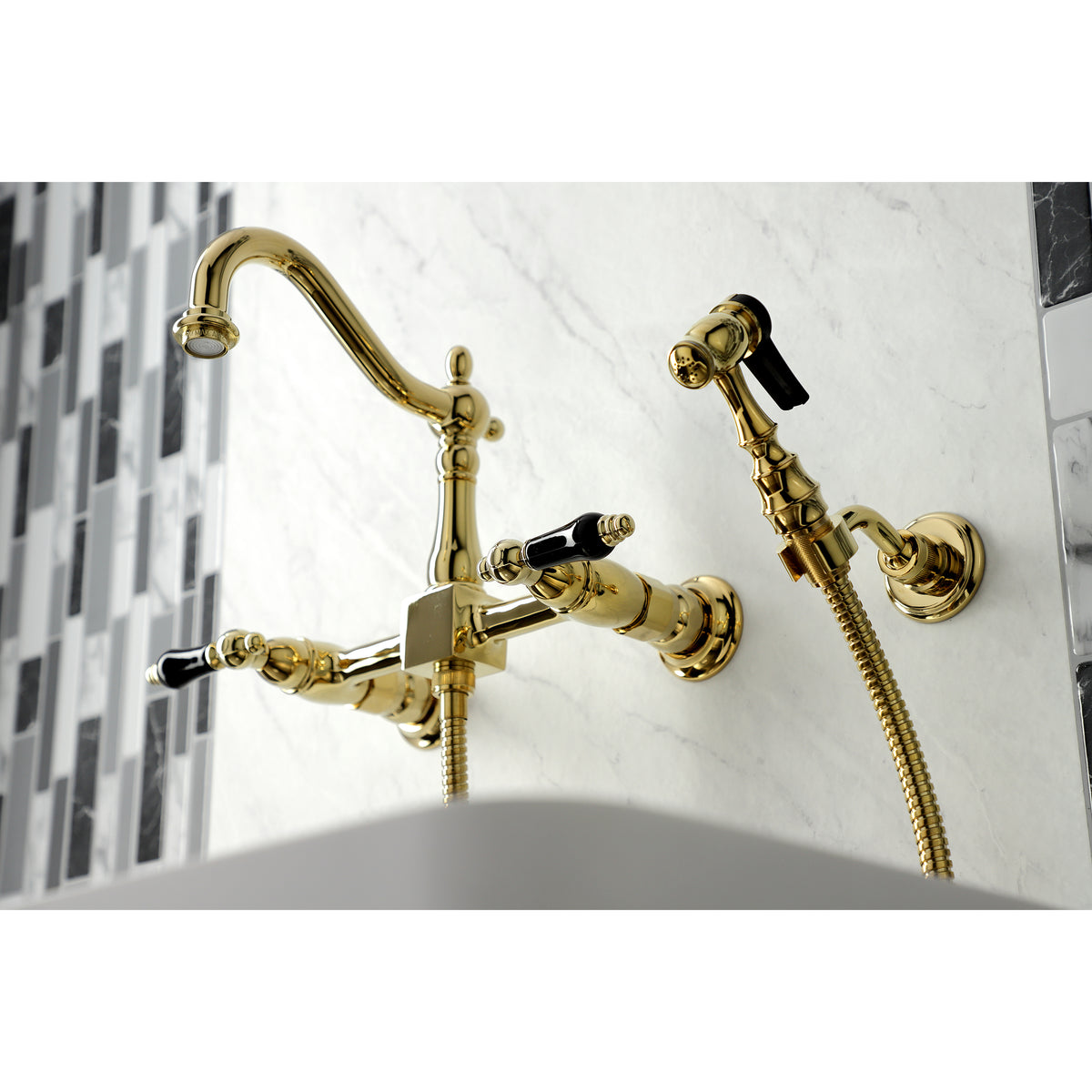 Kingston Brass KS1262PKLBS Duchess Wall Mount Bridge Kitchen Faucet with Brass Sprayer