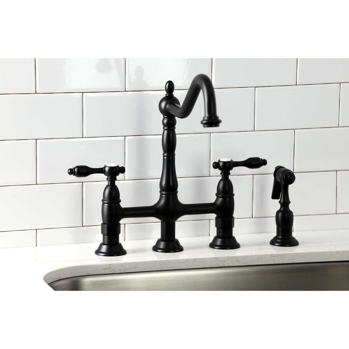 Kingston Brass KS1275TALBS Tudor Bridge Kitchen Faucet with Brass Sprayer