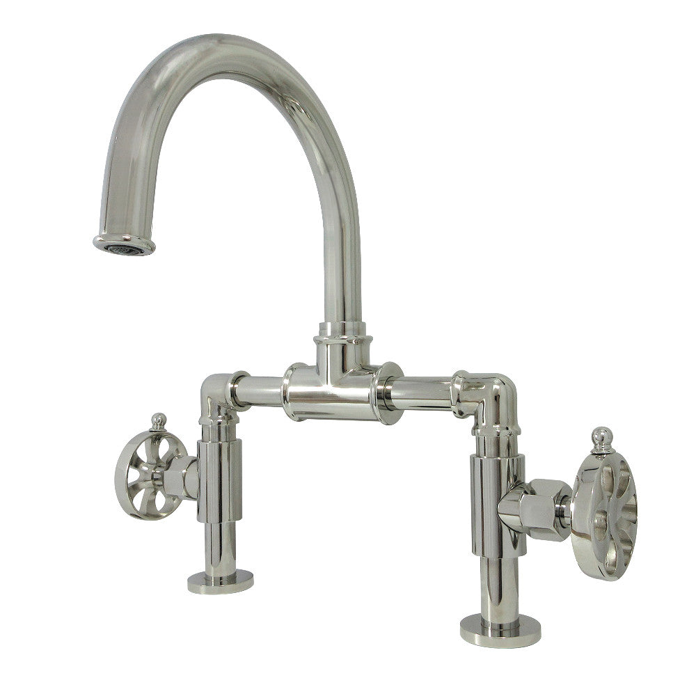 Kingston Brass KS217RXVN Belknap Industrial Style Wheel Handle Bridge Bathroom Faucet with Pop-Up Drain