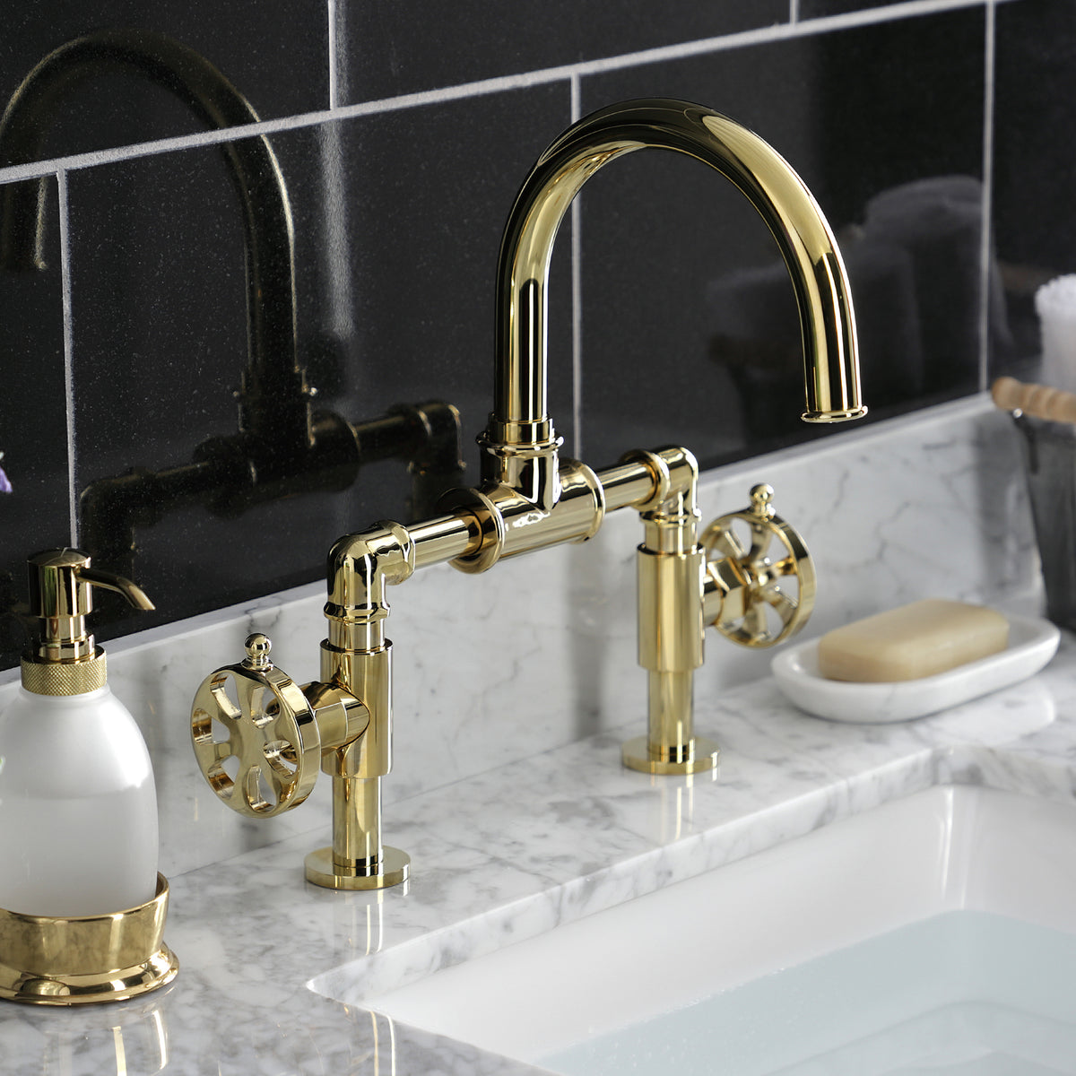 Kingston Brass KS217RXVN Belknap Industrial Style Wheel Handle Bridge Bathroom Faucet with Pop-Up Drain