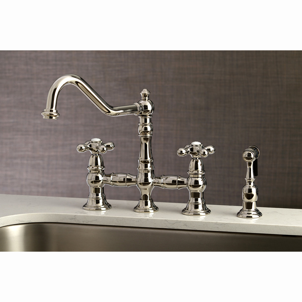 Kingston Brass KS3276AXBS Restoration 8" Bridge Kitchen Faucet with Sprayer