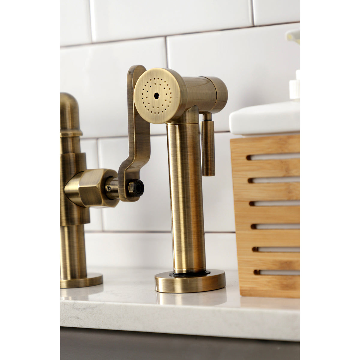 Kingston Brass KS2330KL Whitaker Industrial Style Bridge Kitchen Faucet with Brass Sprayer