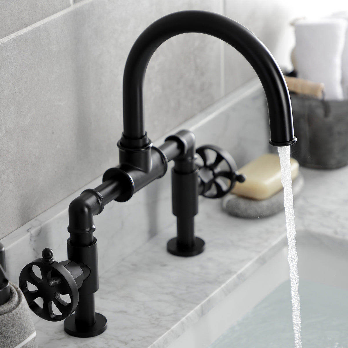 Kingston Brass KS217RXVN Belknap Industrial Style Wheel Handle Bridge Bathroom Faucet with Pop-Up Drain