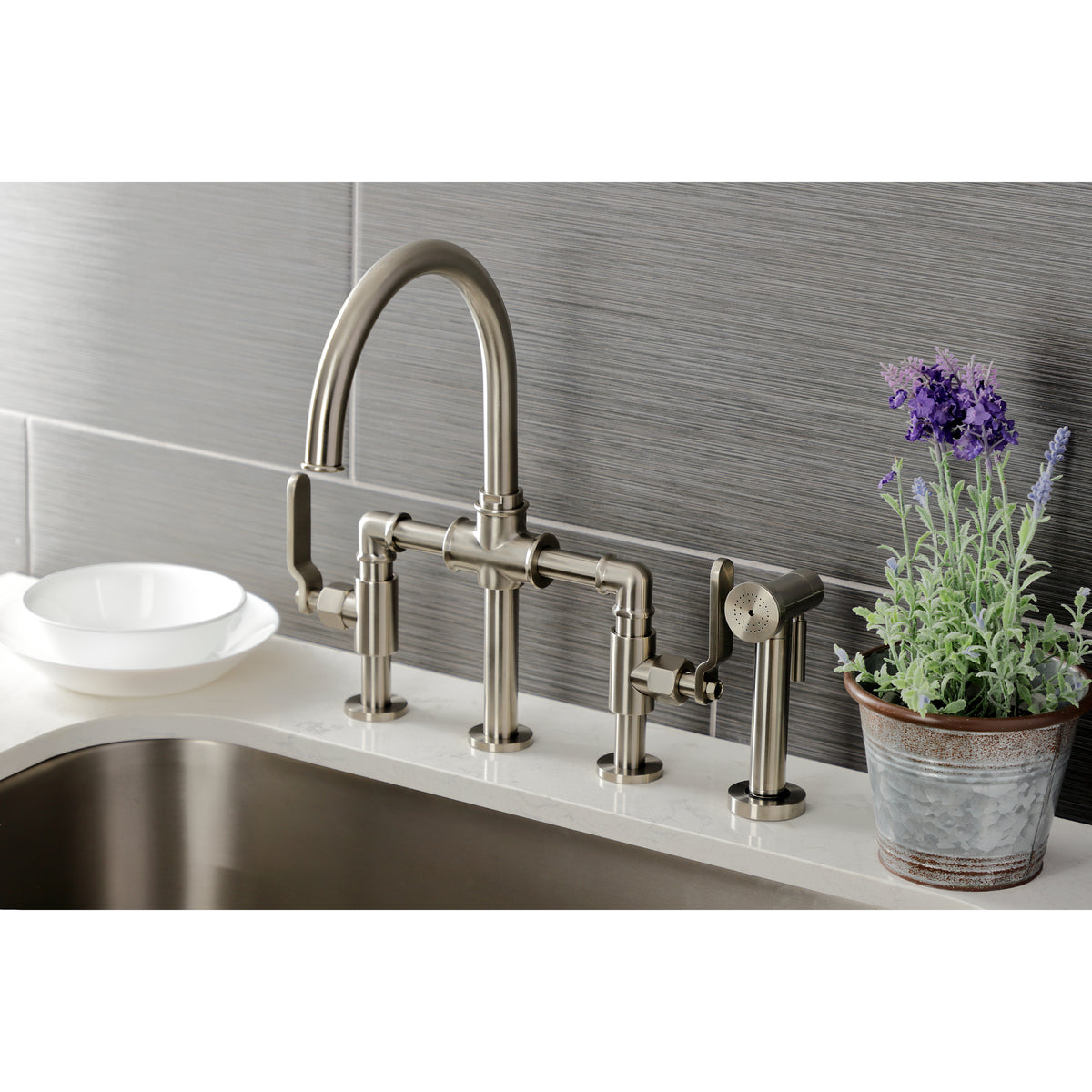Kingston Brass KS2330KL Whitaker Industrial Style Bridge Kitchen Faucet with Brass Sprayer
