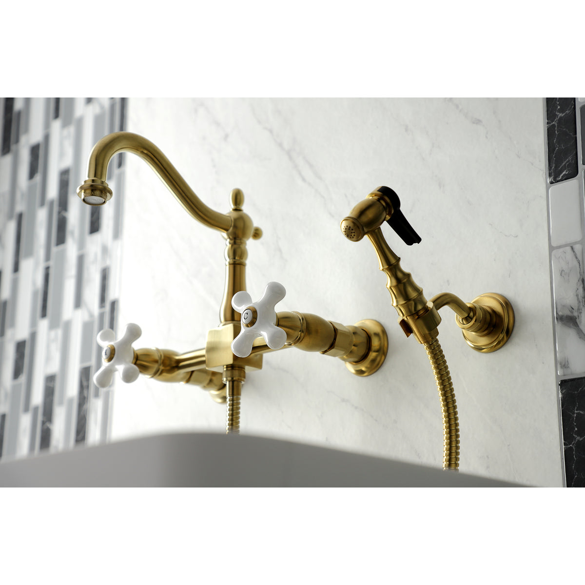 Kingston Brass KS1261PXBS Heritage Wall Mount Bridge Kitchen Faucet with Brass Sprayer