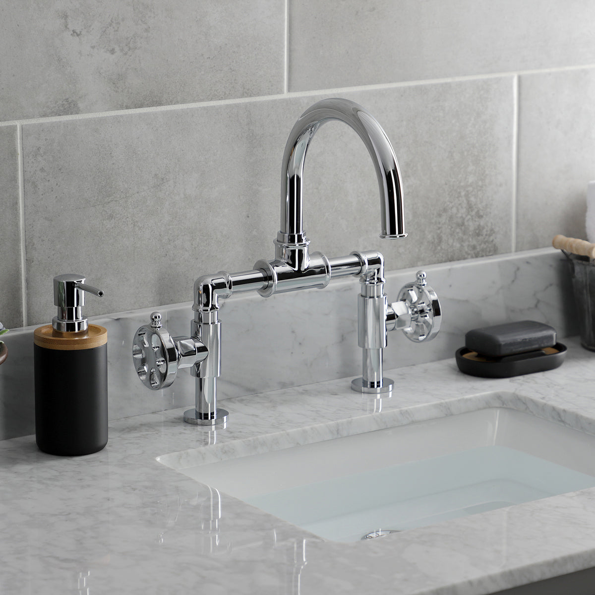 Kingston Brass KS217RXVN Belknap Industrial Style Wheel Handle Bridge Bathroom Faucet with Pop-Up Drain