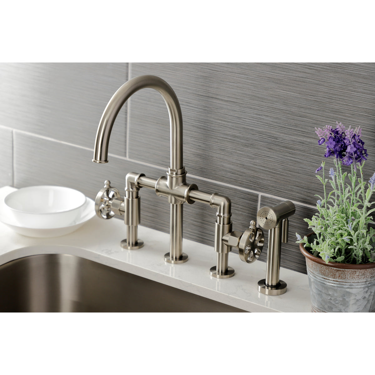 Kingston Brass KS2330RX Belknap Industrial Style Bridge Kitchen Faucet with Brass Sprayer