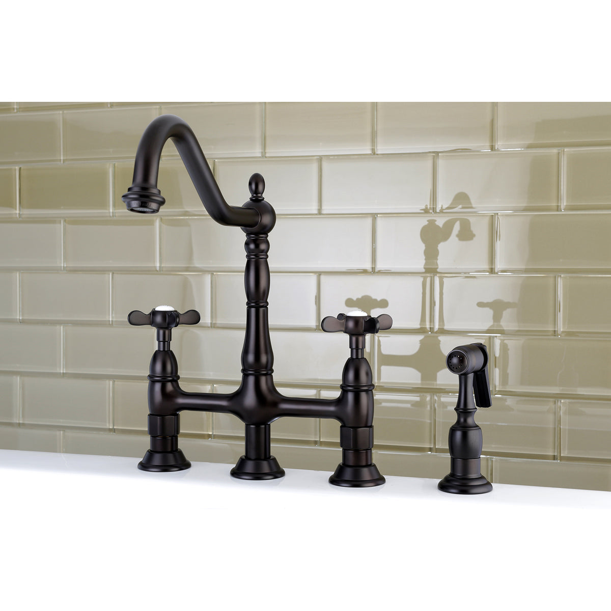Kingston Brass KS1272BEXBS Essex Bridge Kitchen Faucet with Brass Sprayer