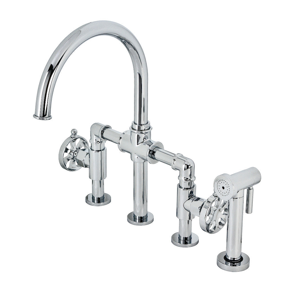 Kingston Brass KS2330RX Belknap Industrial Style Bridge Kitchen Faucet with Brass Sprayer