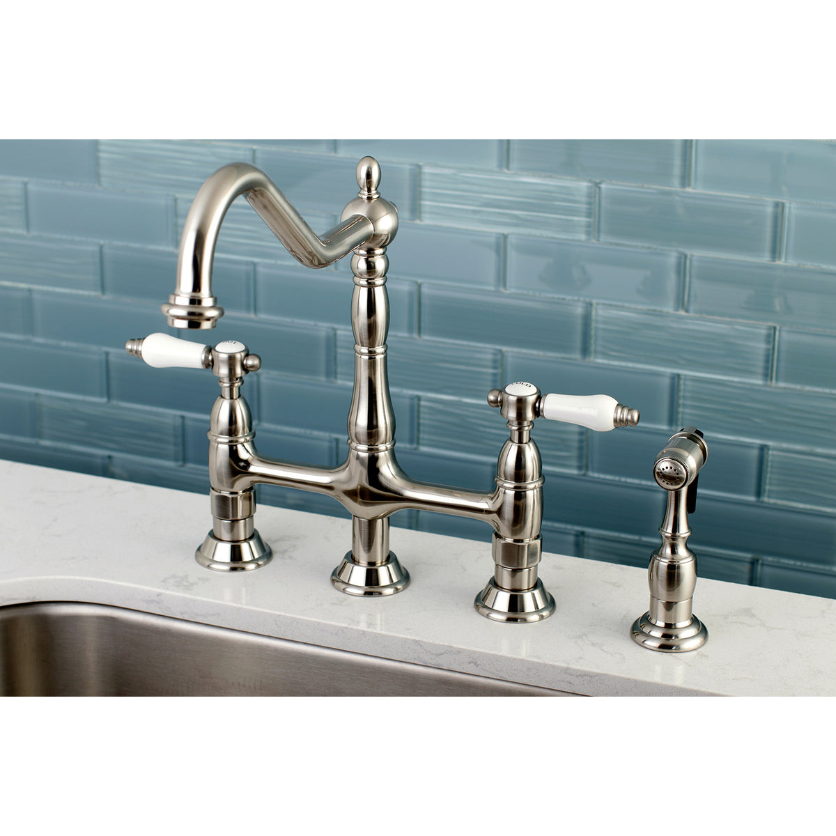 Kingston Brass KS1272BPLBS Bel-Air Bridge Kitchen Faucet with Brass Sprayer