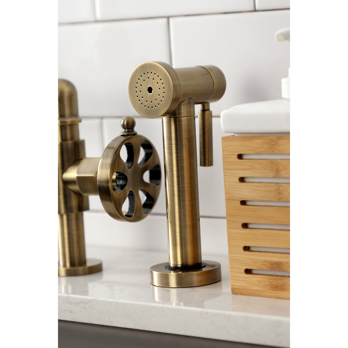 Kingston Brass KS2330RX Belknap Industrial Style Bridge Kitchen Faucet with Brass Sprayer