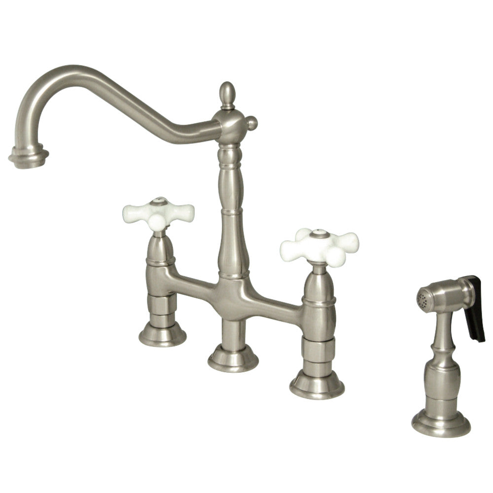 Kingston Brass KS1273PXBS Heritage Bridge Kitchen Faucet with Brass Sprayer