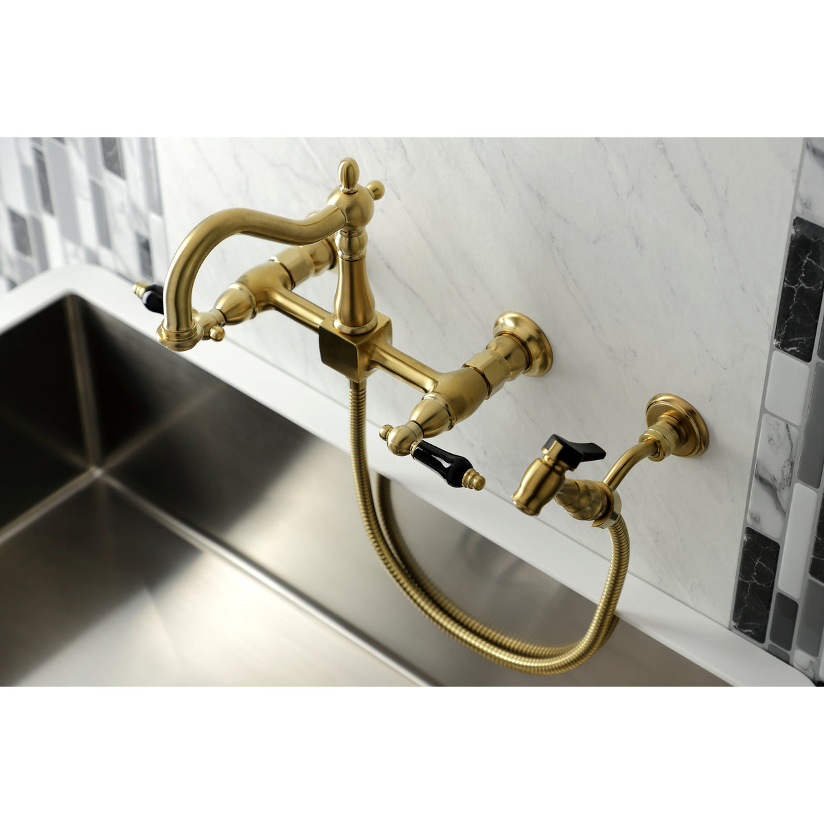 Kingston Brass KS1262PKLBS Duchess Wall Mount Bridge Kitchen Faucet with Brass Sprayer