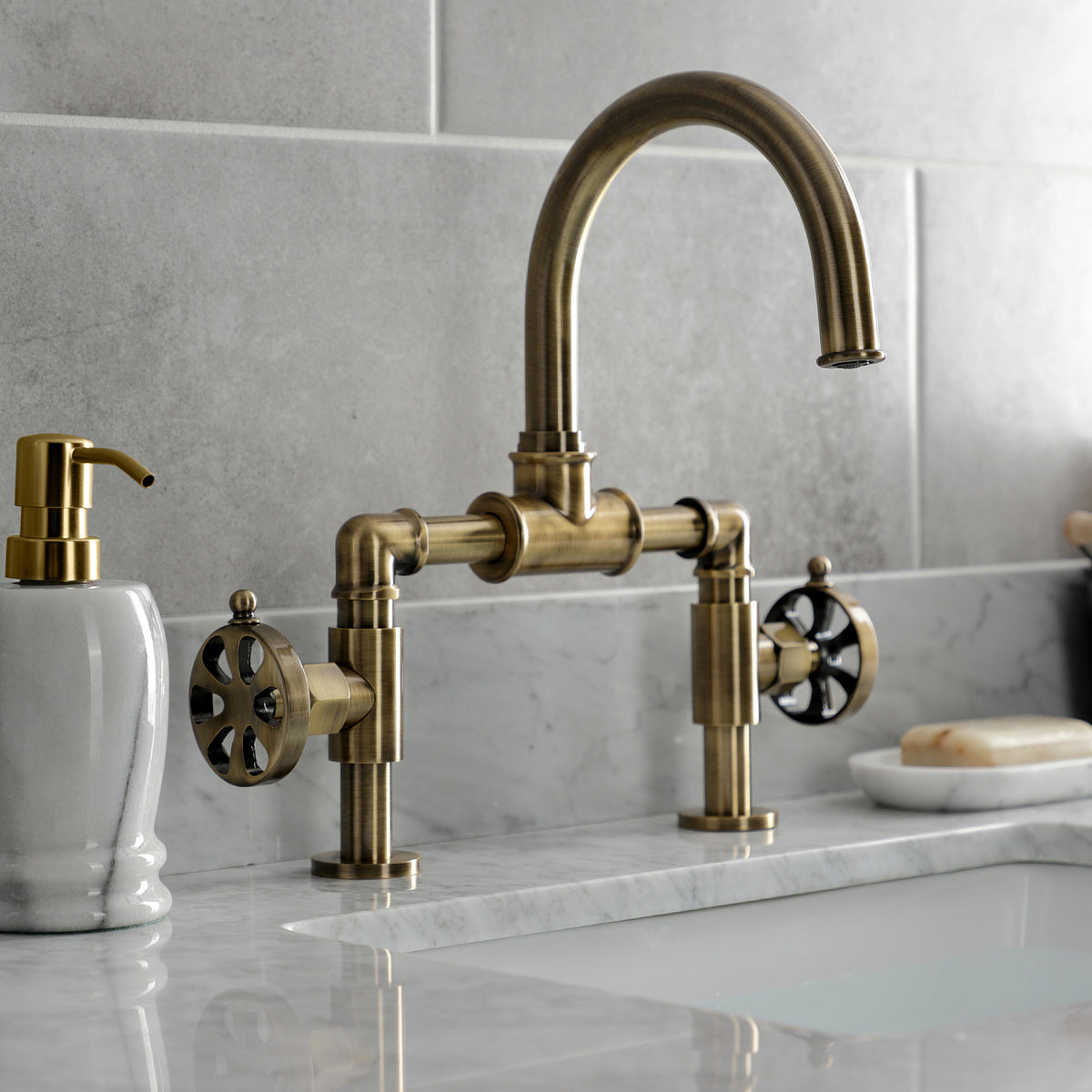 Kingston Brass KS217RXVN Belknap Industrial Style Wheel Handle Bridge Bathroom Faucet with Pop-Up Drain