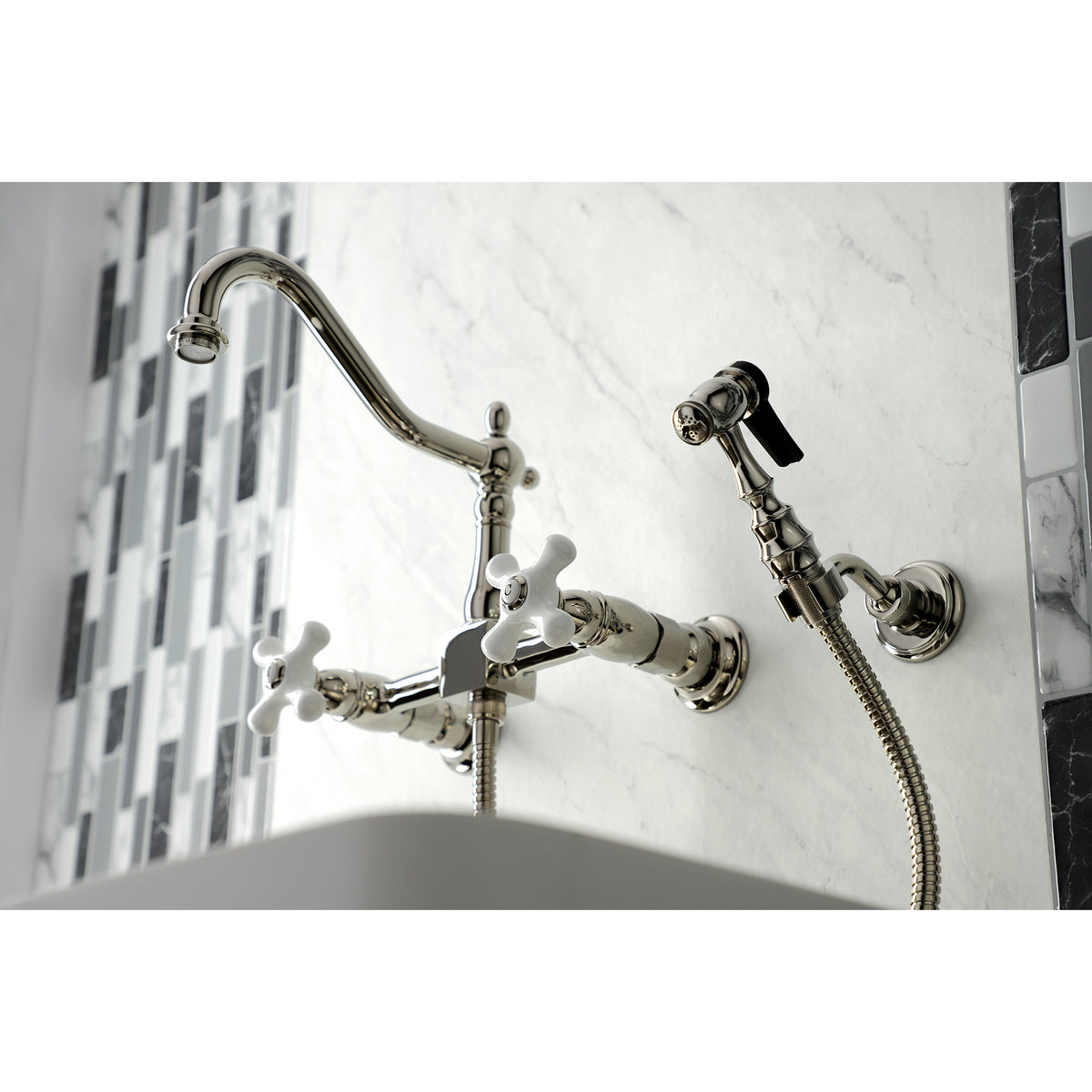 Kingston Brass KS1242PXBS Heritage Wall Mount Bridge Kitchen Faucet with Brass Spray
