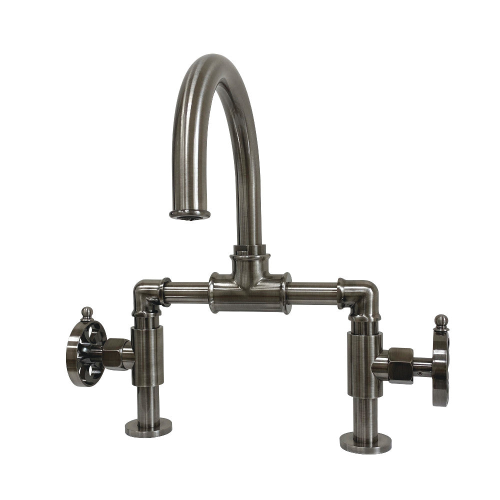 Kingston Brass KS217RXVN Belknap Industrial Style Wheel Handle Bridge Bathroom Faucet with Pop-Up Drain