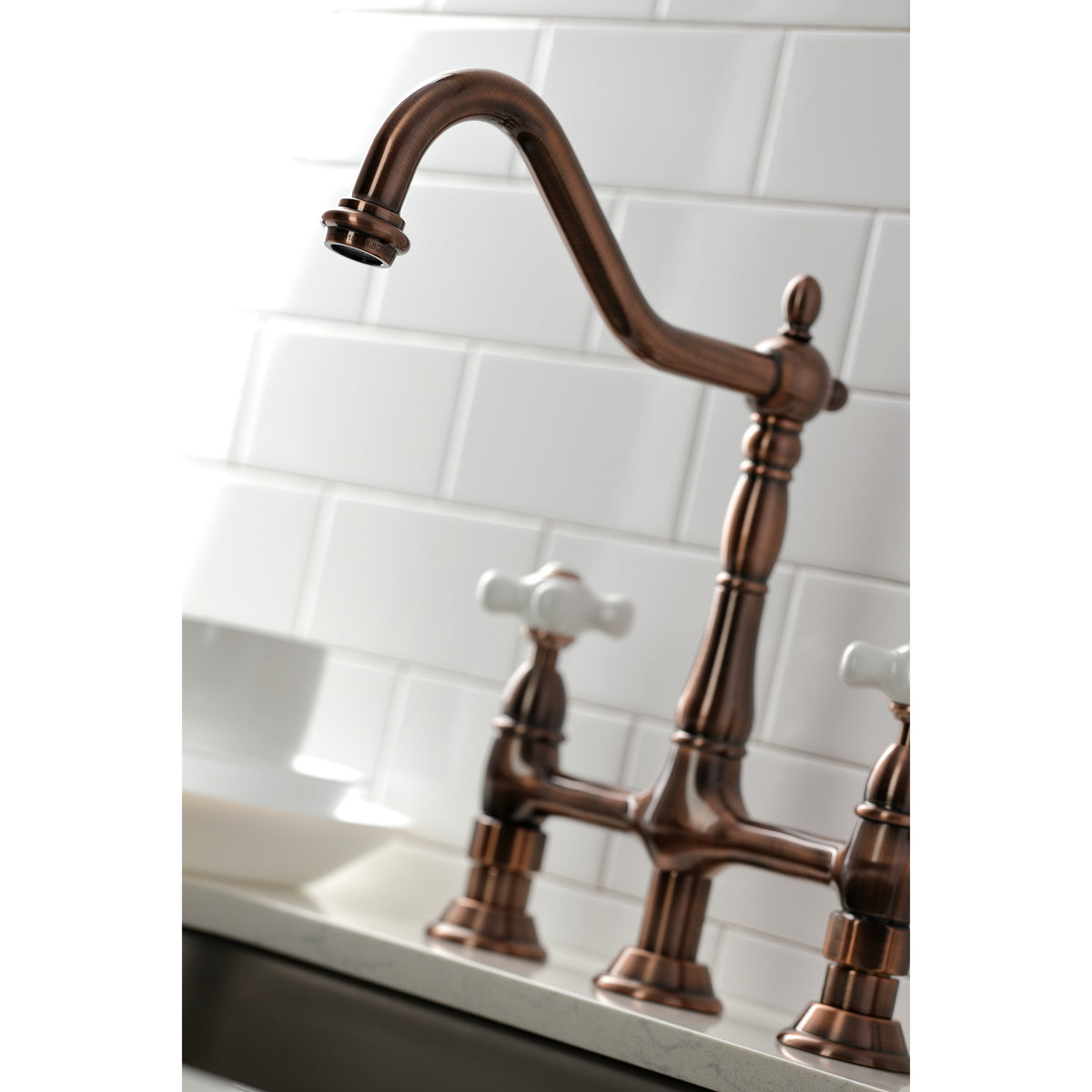Kingston Brass KS1273PXBS Heritage Bridge Kitchen Faucet with Brass Sprayer