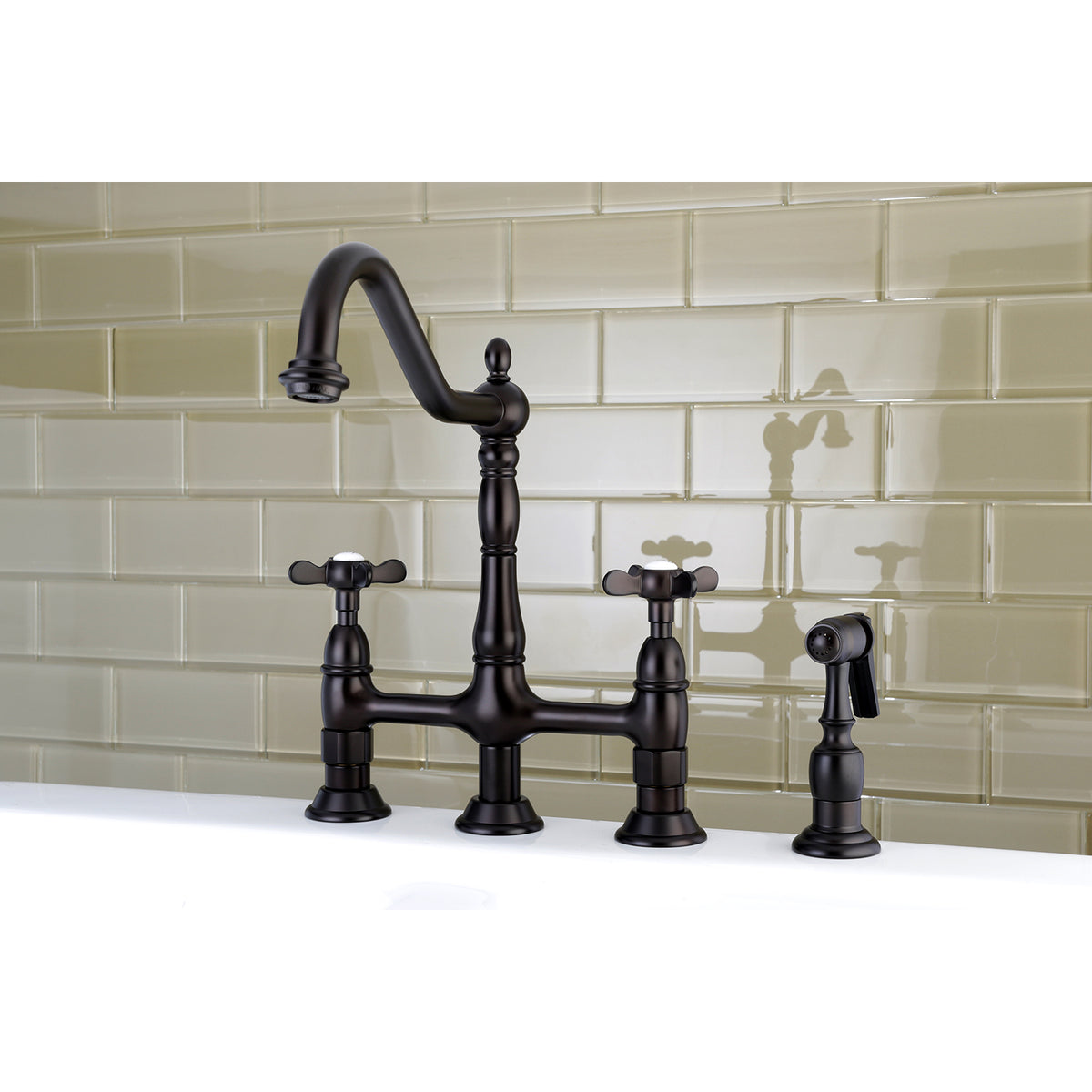 Kingston Brass KS1272BEXBS Essex Bridge Kitchen Faucet with Brass Sprayer