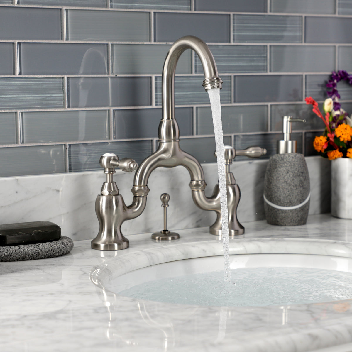 Kingston Brass KS7992TAL Tudor Bridge Bathroom Faucet with Brass Pop-Up