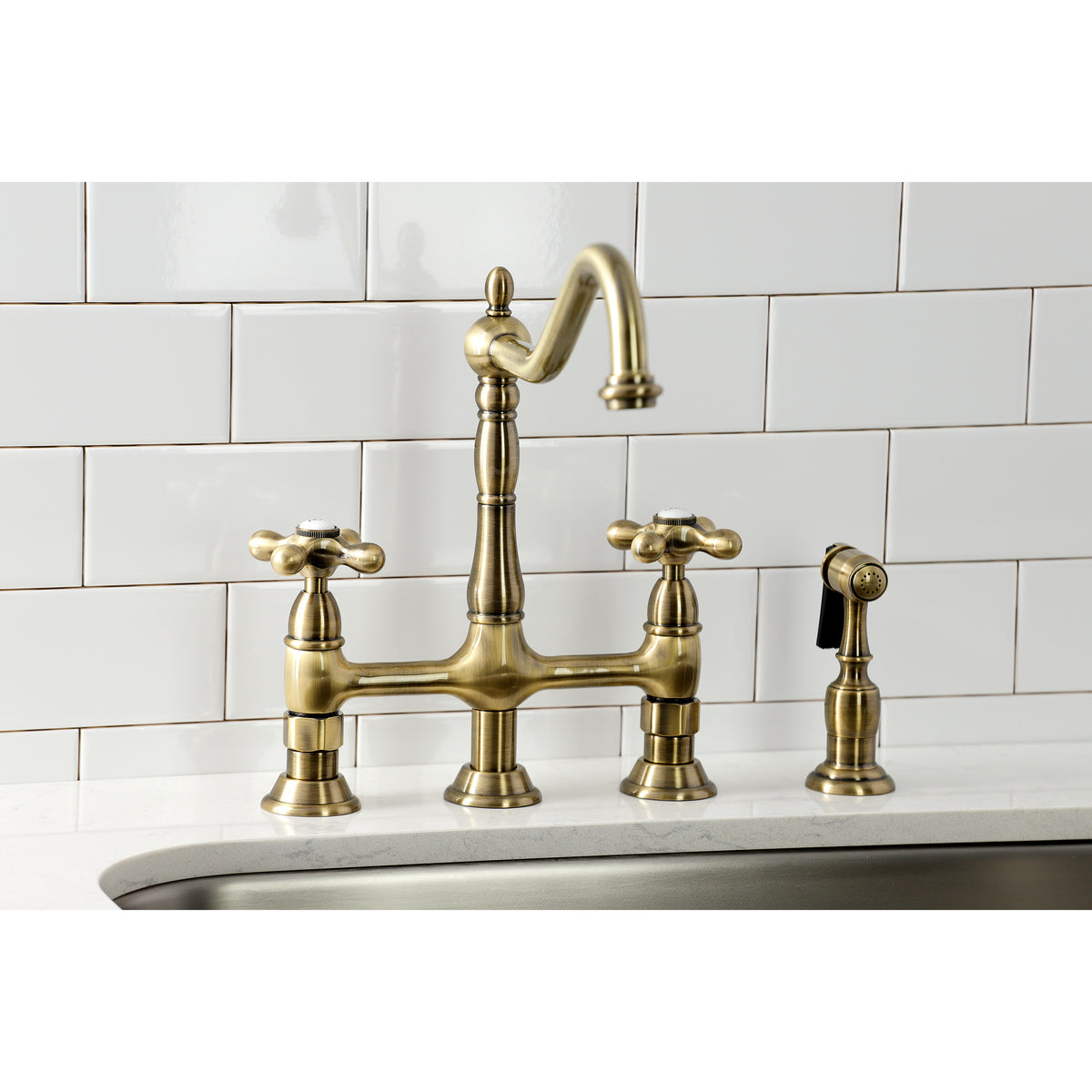 Kingston Brass KS1270AXBS Heritage Bridge Kitchen Faucet with Brass Sprayer
