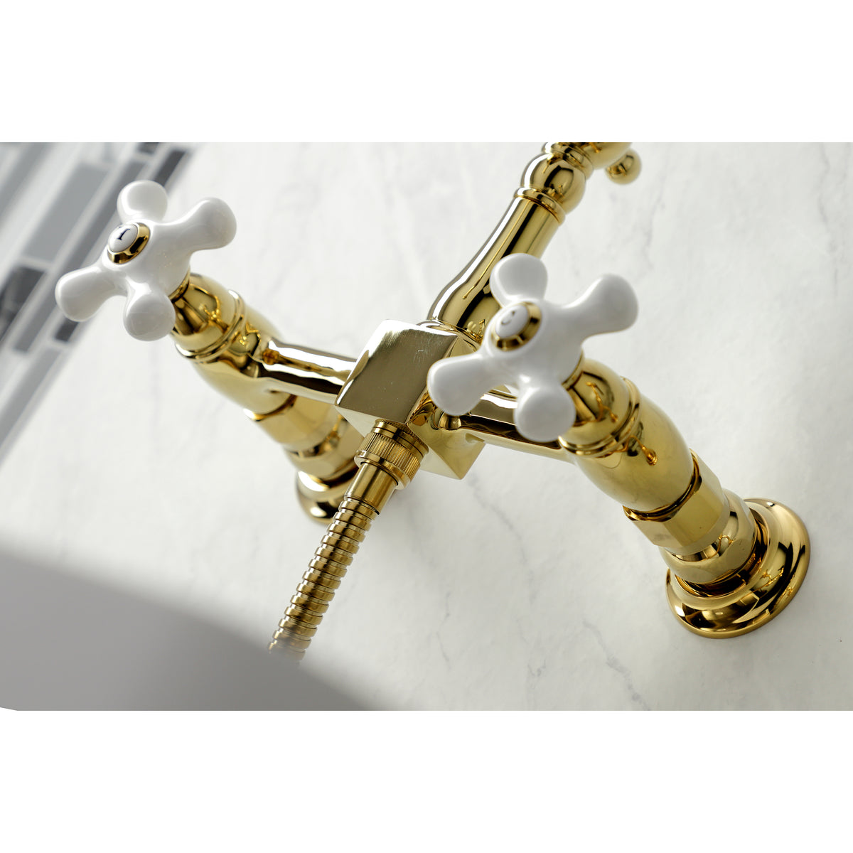 Kingston Brass KS1261PXBS Heritage Wall Mount Bridge Kitchen Faucet with Brass Sprayer