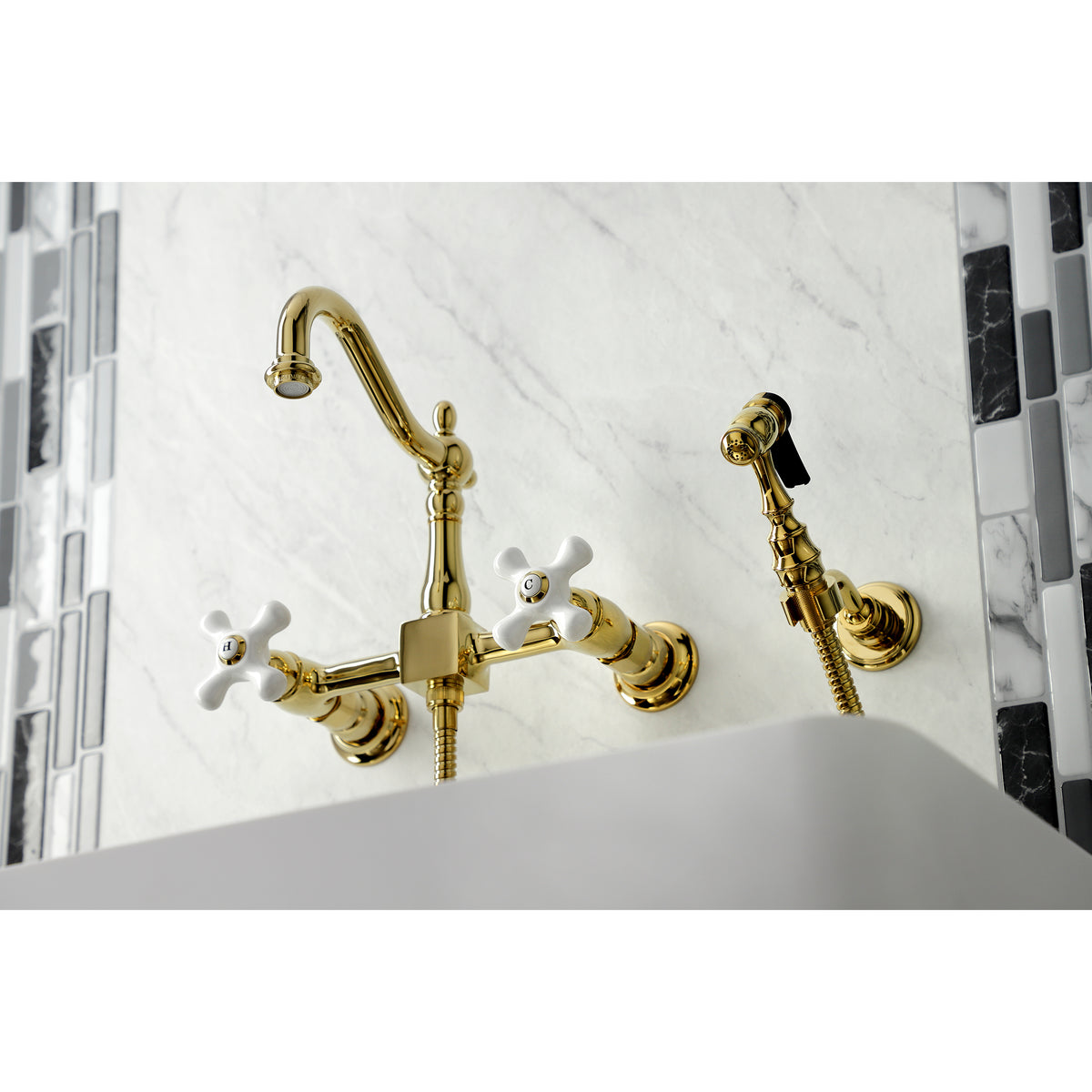Kingston Brass KS1261PXBS Heritage Wall Mount Bridge Kitchen Faucet with Brass Sprayer