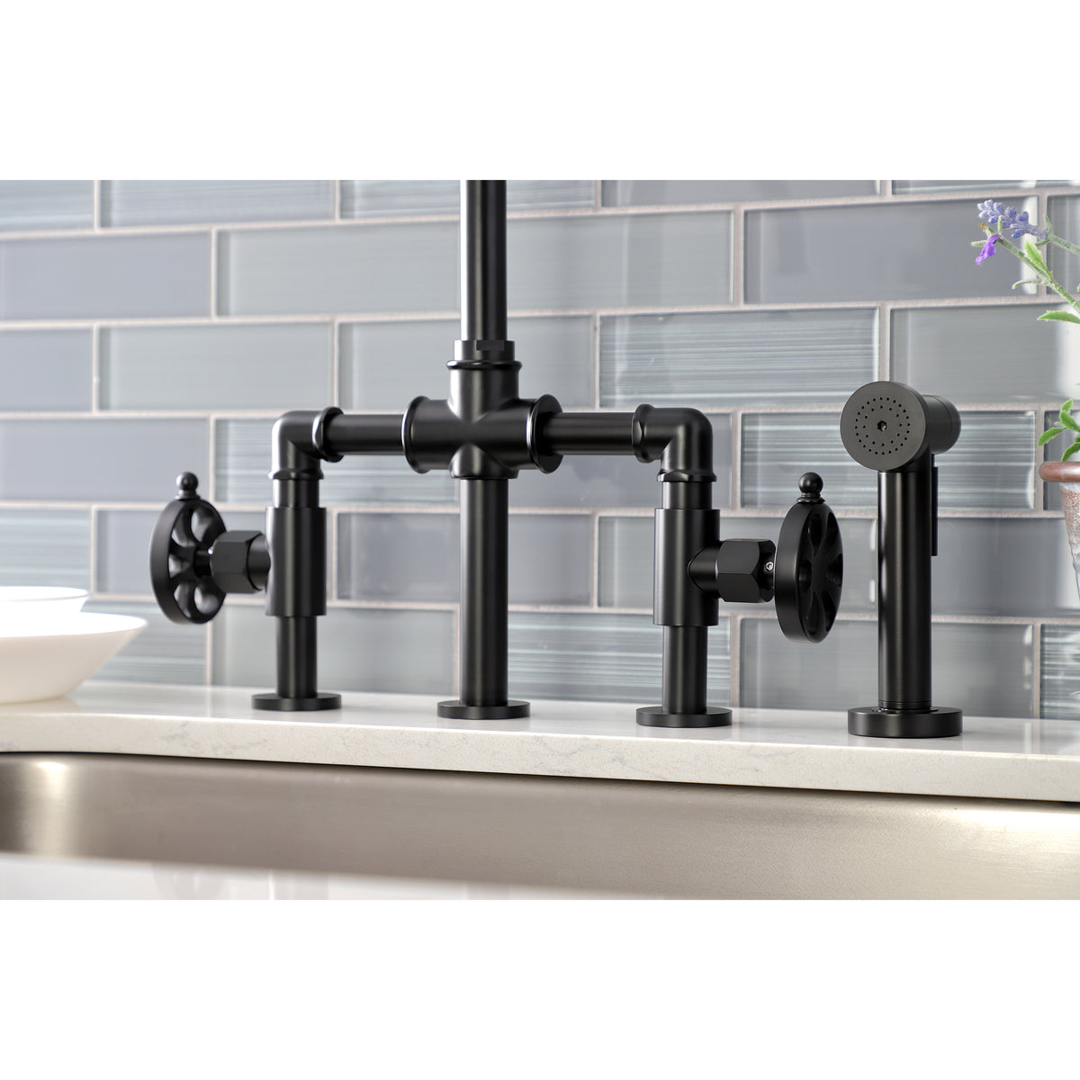 Kingston Brass KS2330RX Belknap Industrial Style Bridge Kitchen Faucet with Brass Sprayer