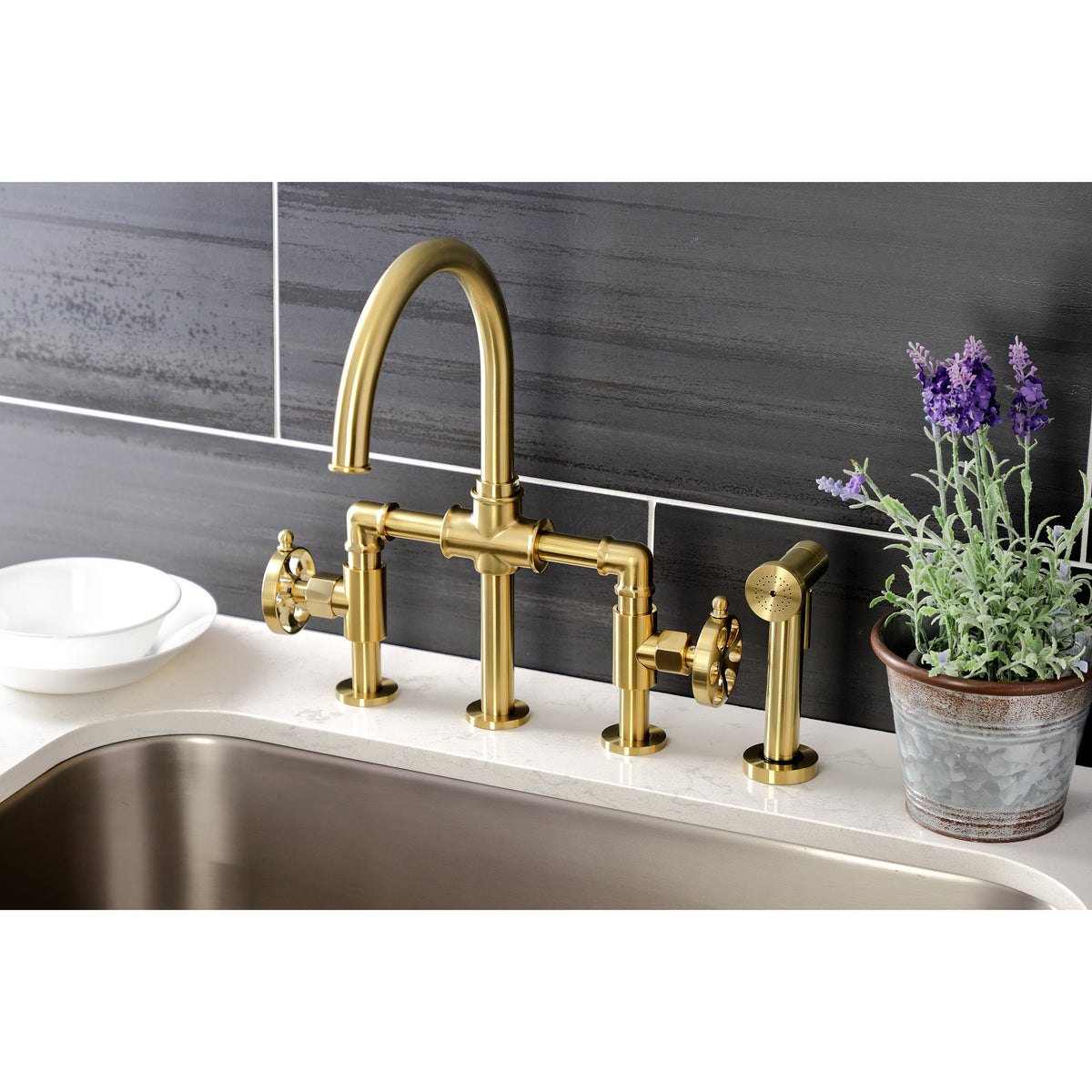 Kingston Brass KS2330RX Belknap Industrial Style Bridge Kitchen Faucet with Brass Sprayer
