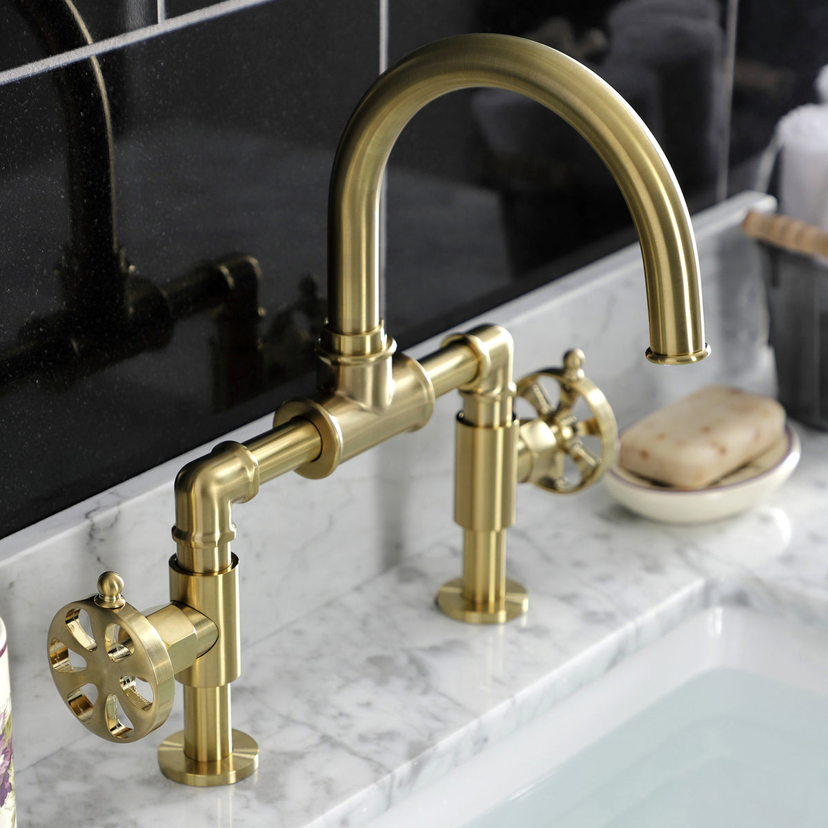 Kingston Brass KS217RXVN Belknap Industrial Style Wheel Handle Bridge Bathroom Faucet with Pop-Up Drain