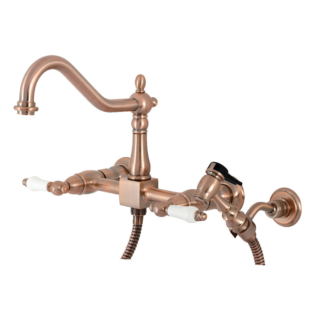 Kingston Brass KS1243PLBS Heritage Wall Mount Bridge Kitchen Faucet with Brass Spray