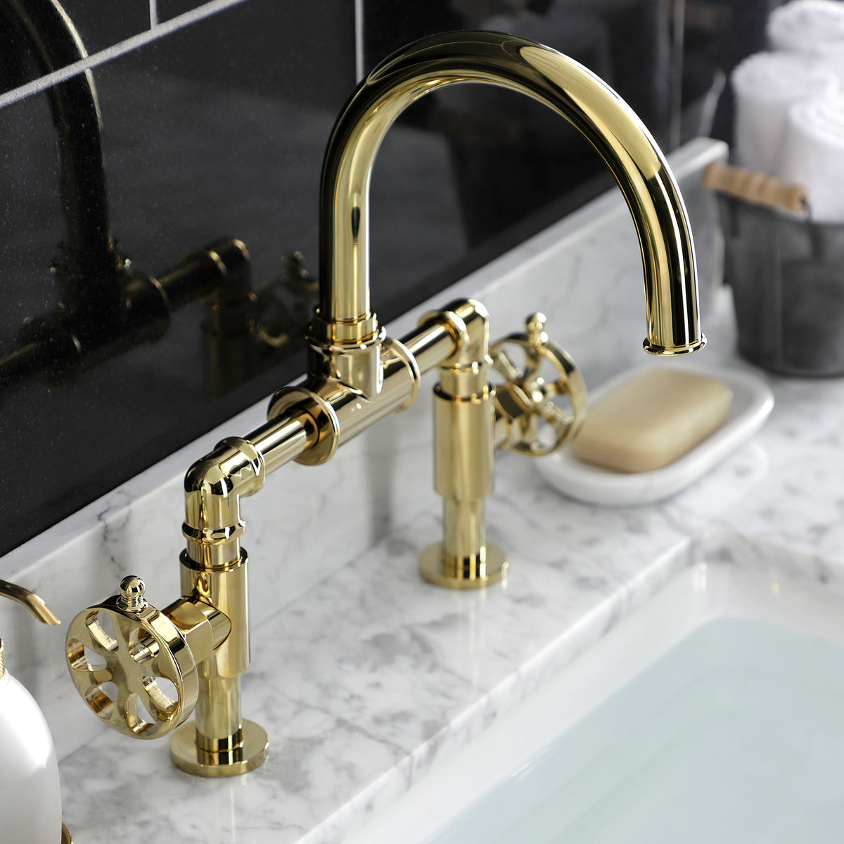 Kingston Brass KS217RXVN Belknap Industrial Style Wheel Handle Bridge Bathroom Faucet with Pop-Up Drain