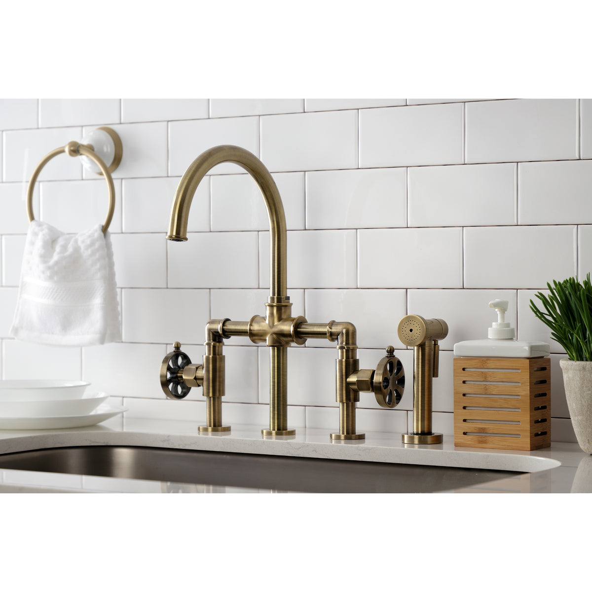 Kingston Brass KS2330RX Belknap Industrial Style Bridge Kitchen Faucet with Brass Sprayer