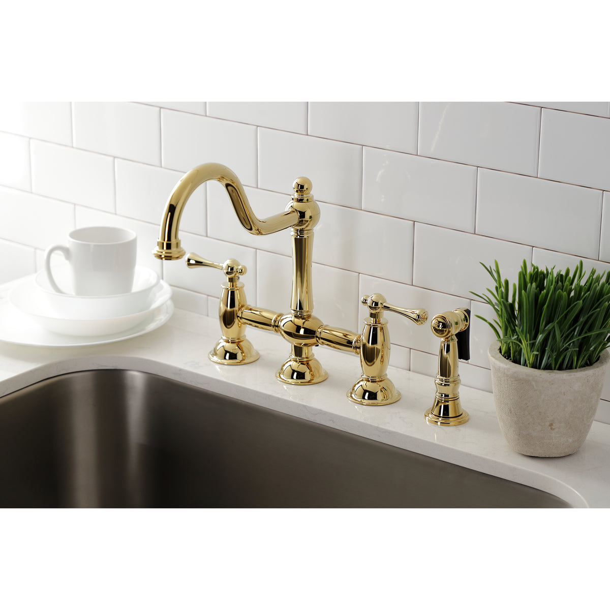 Kingston Brass KS3791BLBS Restoration Bridge Kitchen Faucet with Brass Sprayer