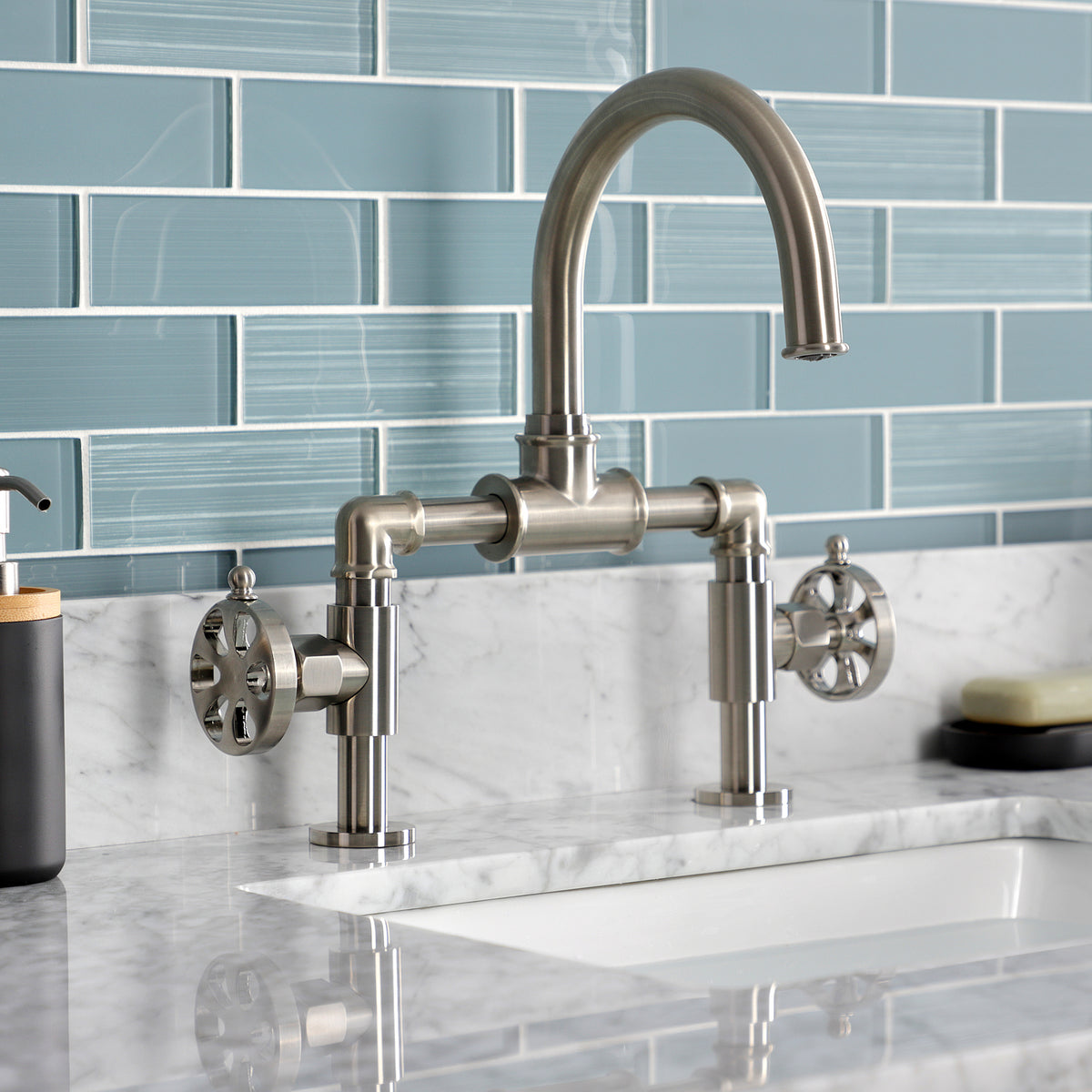 Kingston Brass KS217RXVN Belknap Industrial Style Wheel Handle Bridge Bathroom Faucet with Pop-Up Drain