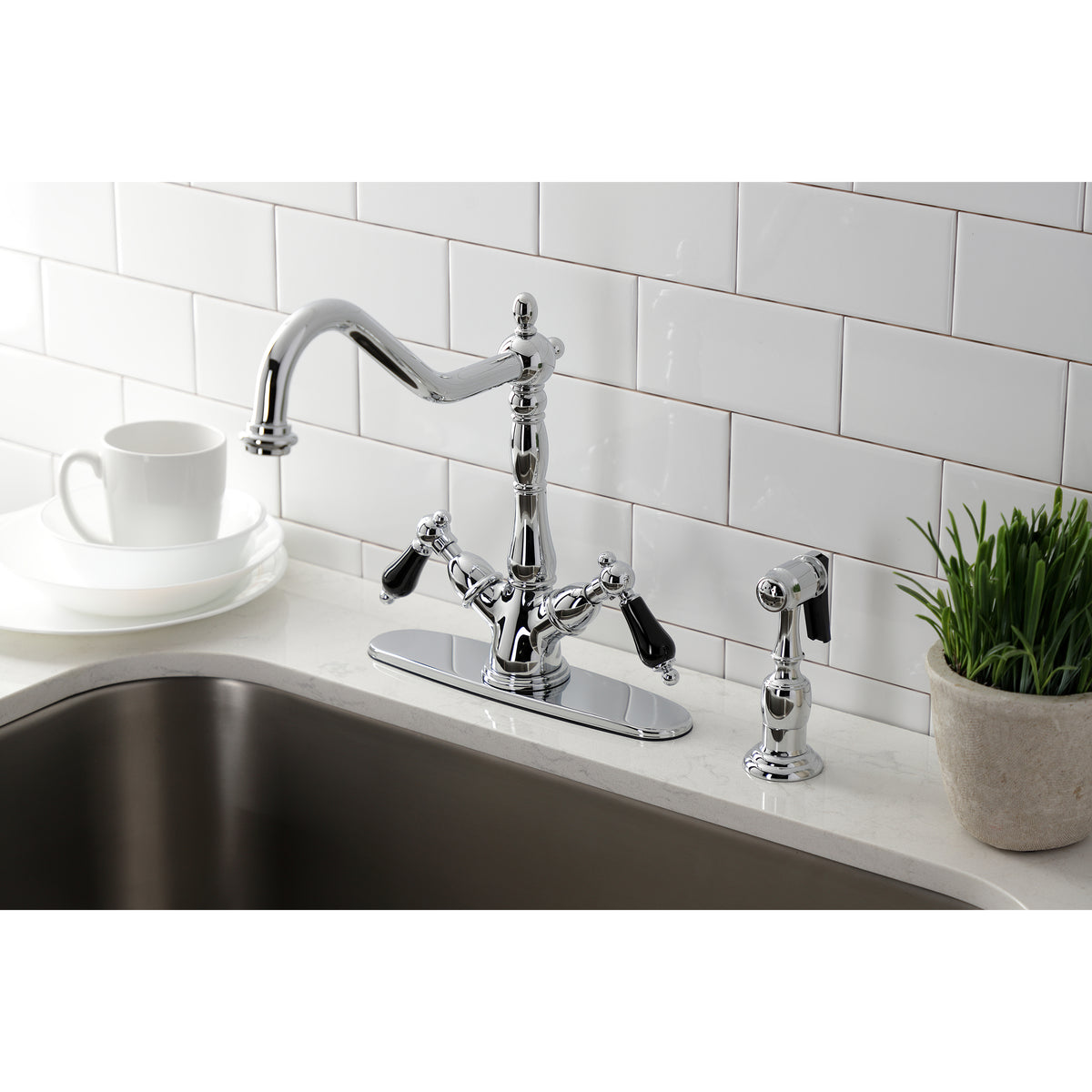 Kingston Brass KS1235PKLBS 8" Centerset Deck Mount Kitchen Faucet with Brass Sprayer