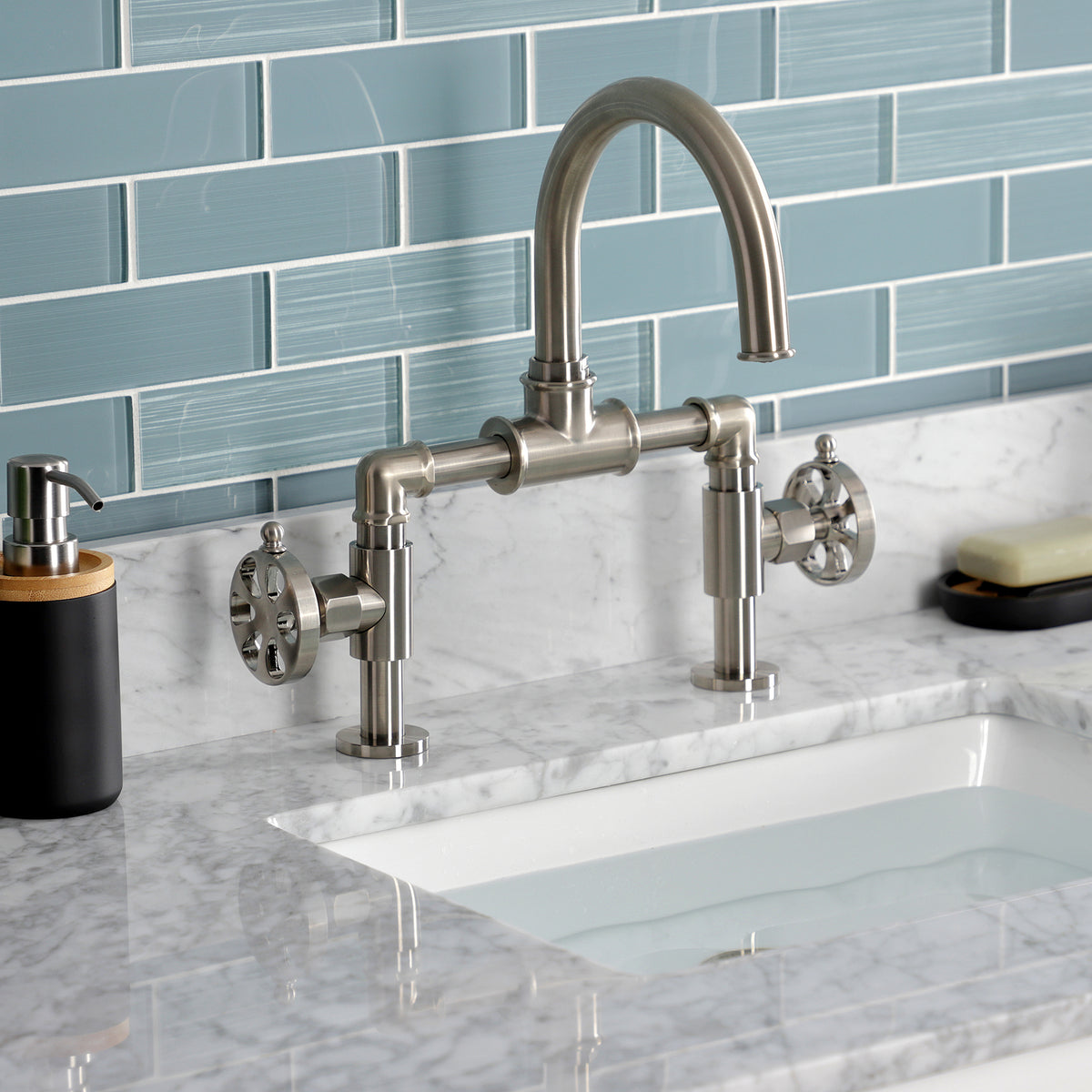 Kingston Brass KS217RXVN Belknap Industrial Style Wheel Handle Bridge Bathroom Faucet with Pop-Up Drain