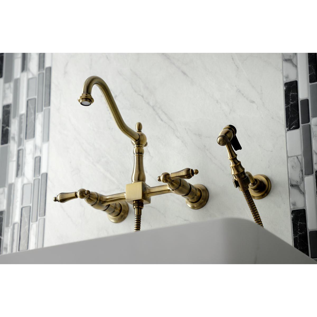 Kingston Brass KS1246ALBS Heritage Wall Mount Bridge Kitchen Faucet with Brass Spray