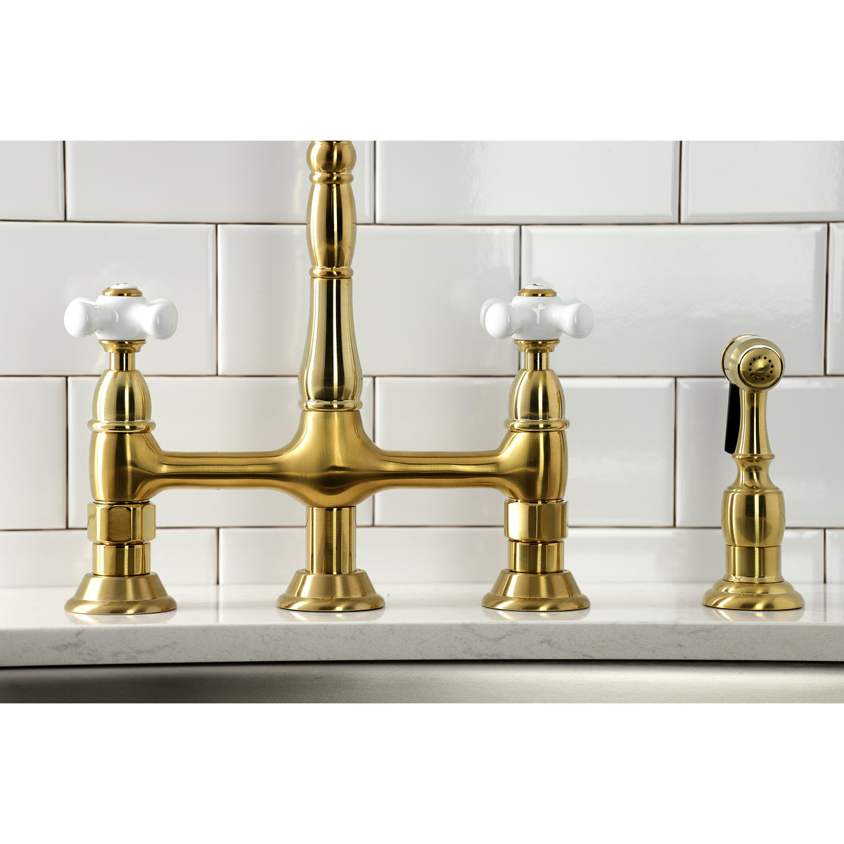 Kingston Brass KS1273PXBS Heritage Bridge Kitchen Faucet with Brass Sprayer