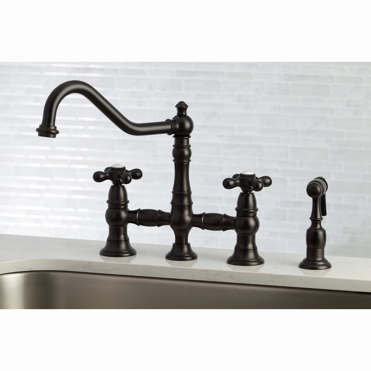 Kingston Brass KS3276AXBS Restoration 8" Bridge Kitchen Faucet with Sprayer